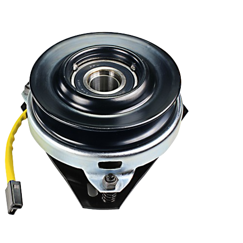 Black and silver electromagnetic PTO clutch brake with yellow wire for tools and home improvement applications