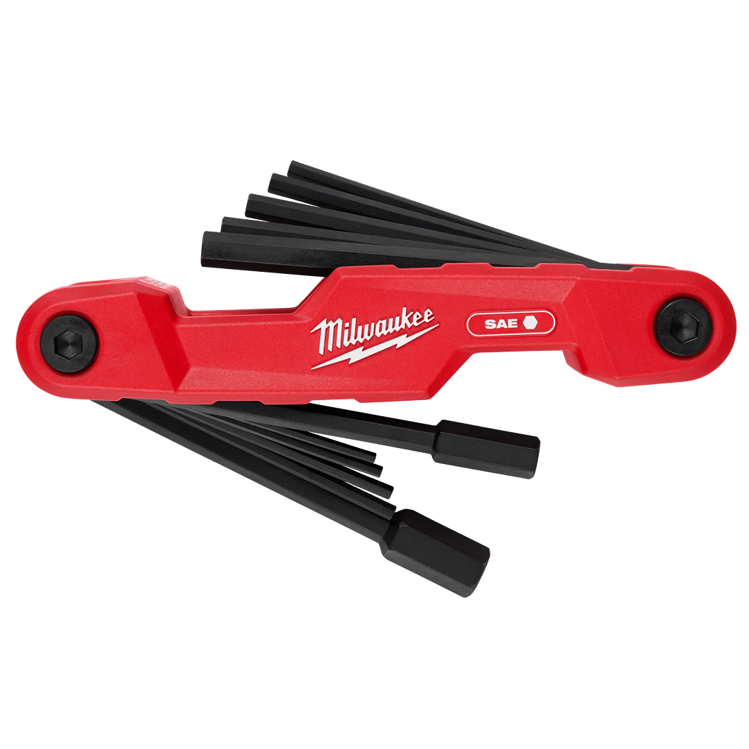 Red folding hex key set with 11 SAE keys, designed for electricians and tool organization in home improvement tasks