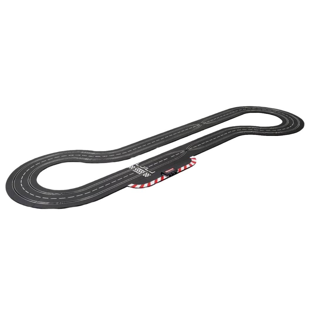 Curved black slot car race track with starting line, part of Vehicles & Remote Controlled Toys and Carrera collection