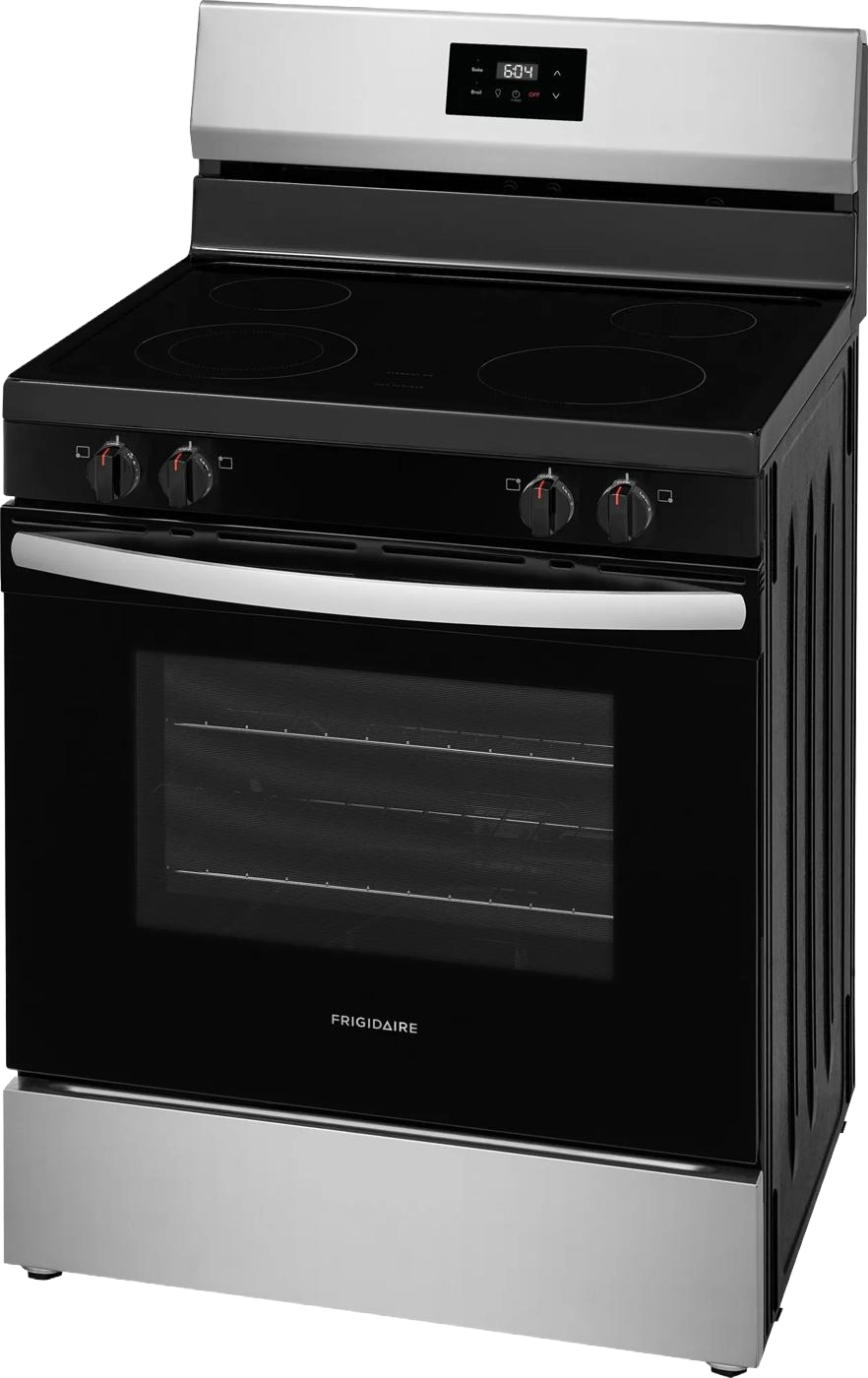 Full front view of a stainless steel 30-inch rear control electric range with smooth black glass cooktop, four burners, and digital timer, featured in Ranges and Kitchen & Kitchenware collections.