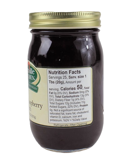 Jar of Hartville Kitchen black raspberry jam showing nutrition facts label on side