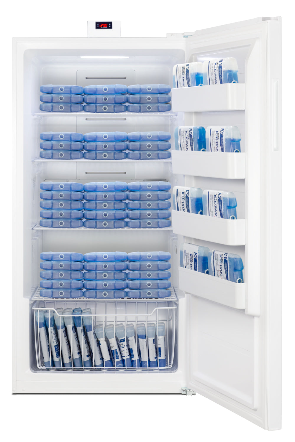 Open white upright freezer showing neatly stacked blue packs and organized shelves in freezers and kitchenware collection