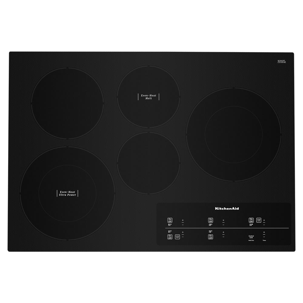 Black electric cooktop with five heating elements and touch-activated controls from KitchenAid appliances collection