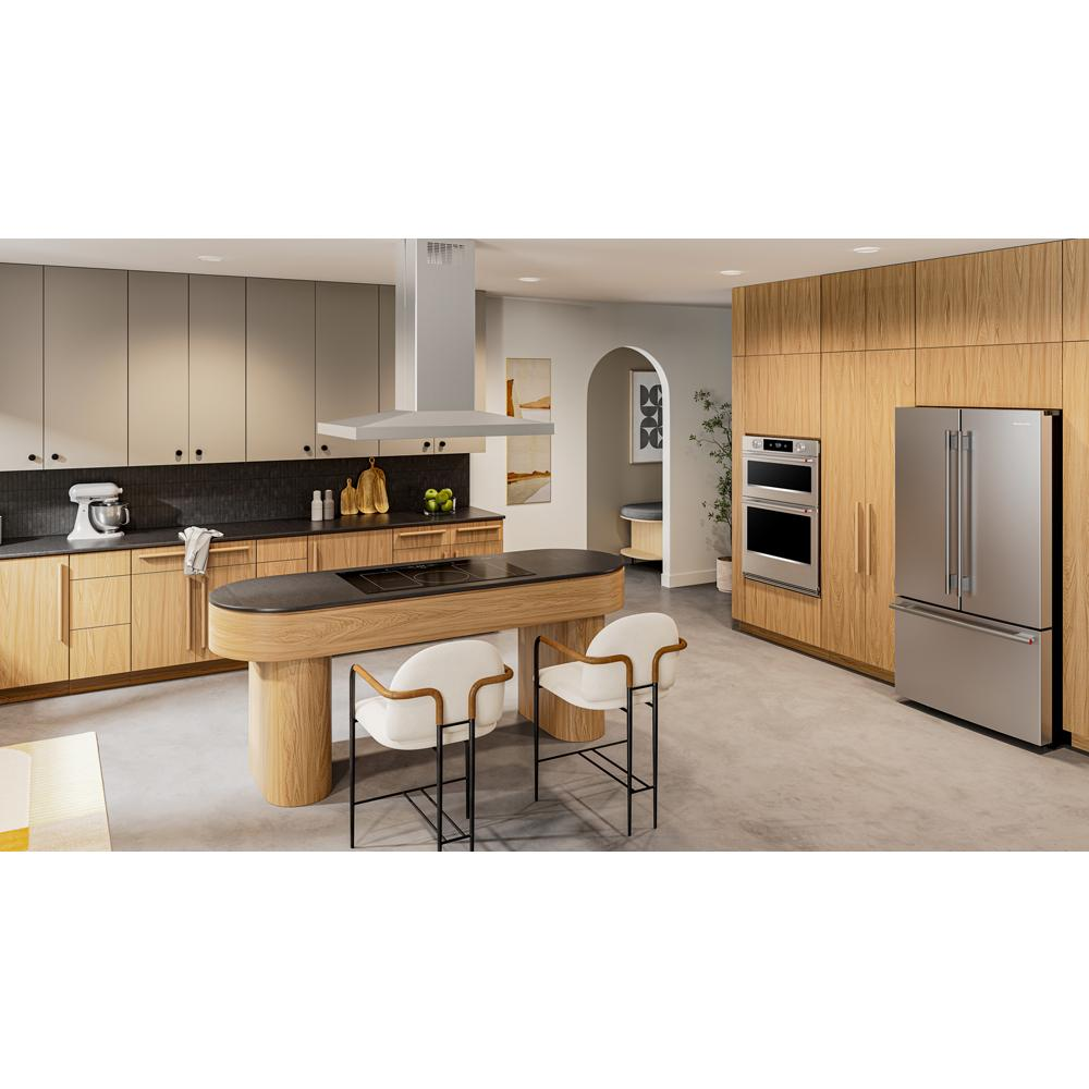 Modern kitchen with wood cabinetry, black countertop island, stainless steel appliances, and island-mount canopy hood