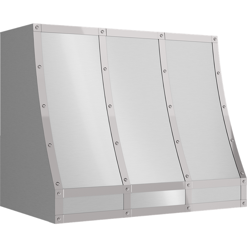 Curved stainless steel vent hood body with reinforcing banding, designed for kitchen ventilation and home improvement projects