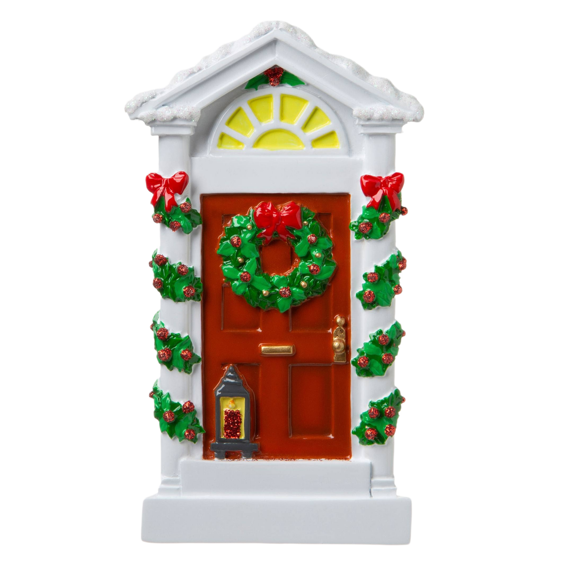 Festive historic door ornament with green wreath, red bows, and garland from Christmas Ornaments & Tree Decorations collection