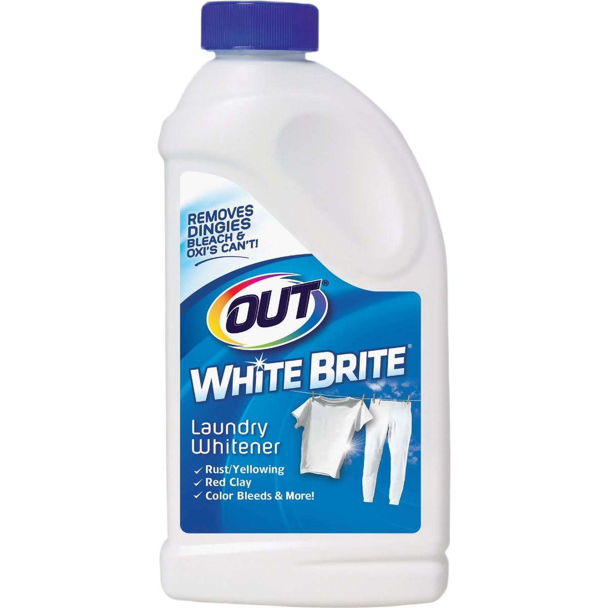 Laundry whitener bottle labeled White Brite for removing rust, yellowing, and color stains in cleaning and laundry supplies collection