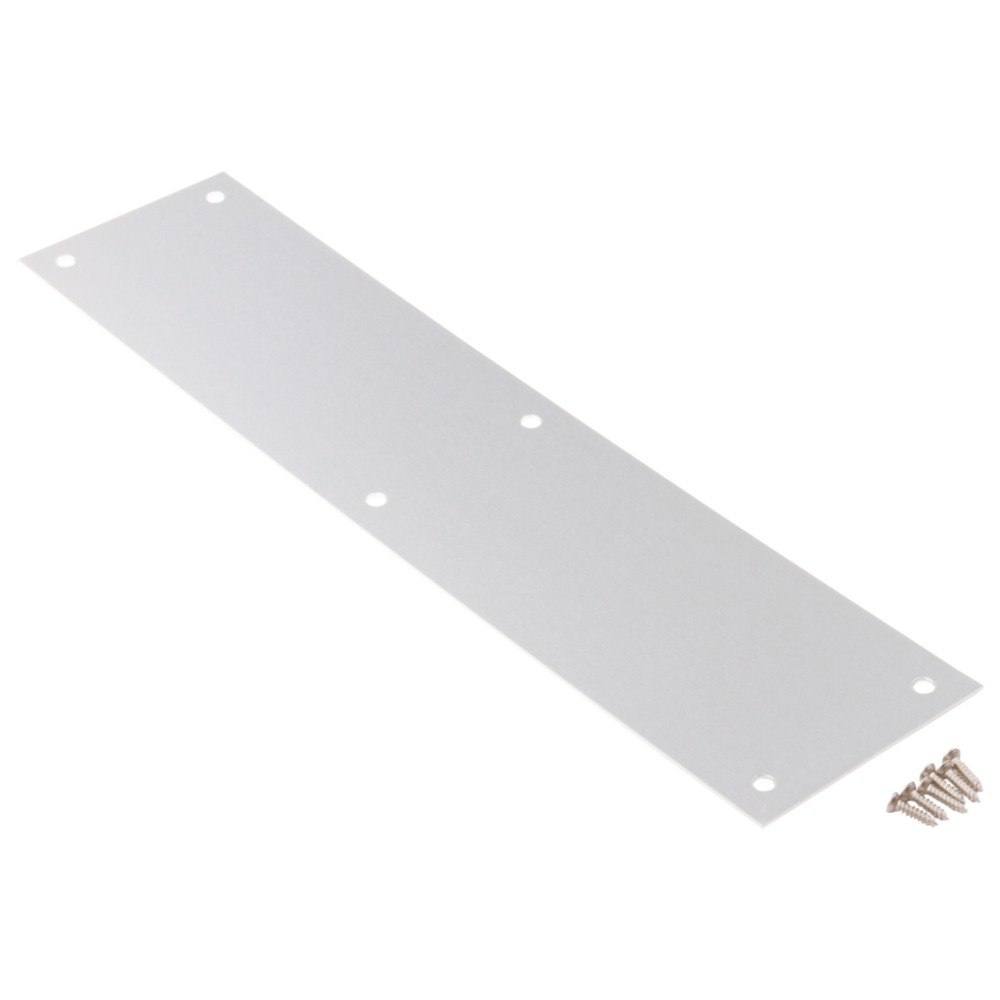 Rectangular satin aluminum door push plate with pre-drilled holes and screws for home improvement hardware projects