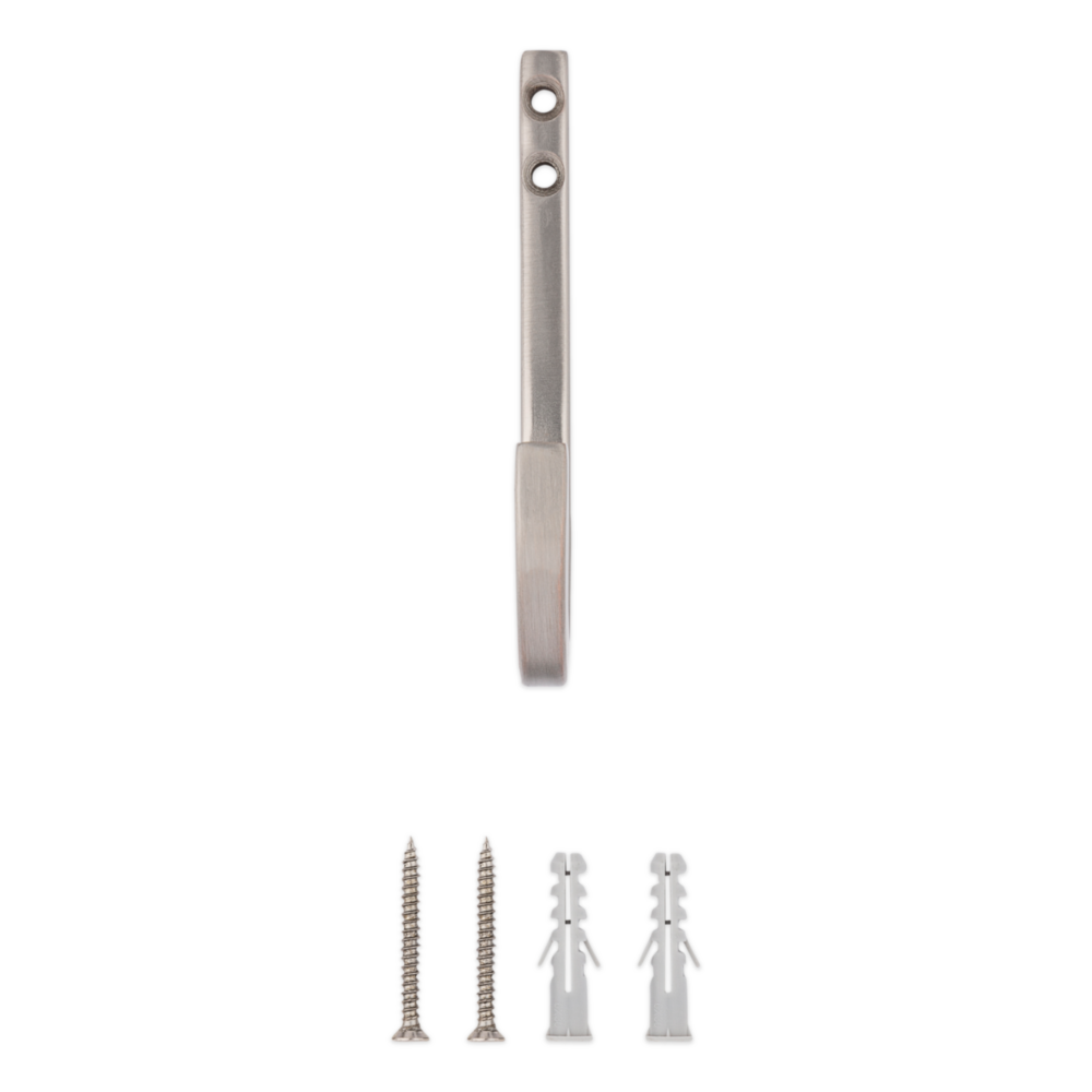 Single satin nickel reed hook with mounting screws and wall anchors for versatile storage and organization under $50 collections