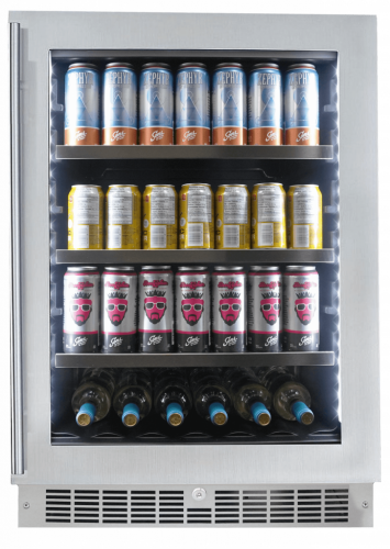 Stainless steel single-zone beverage refrigerator stocked with soda cans and wine bottles in kitchenware collection