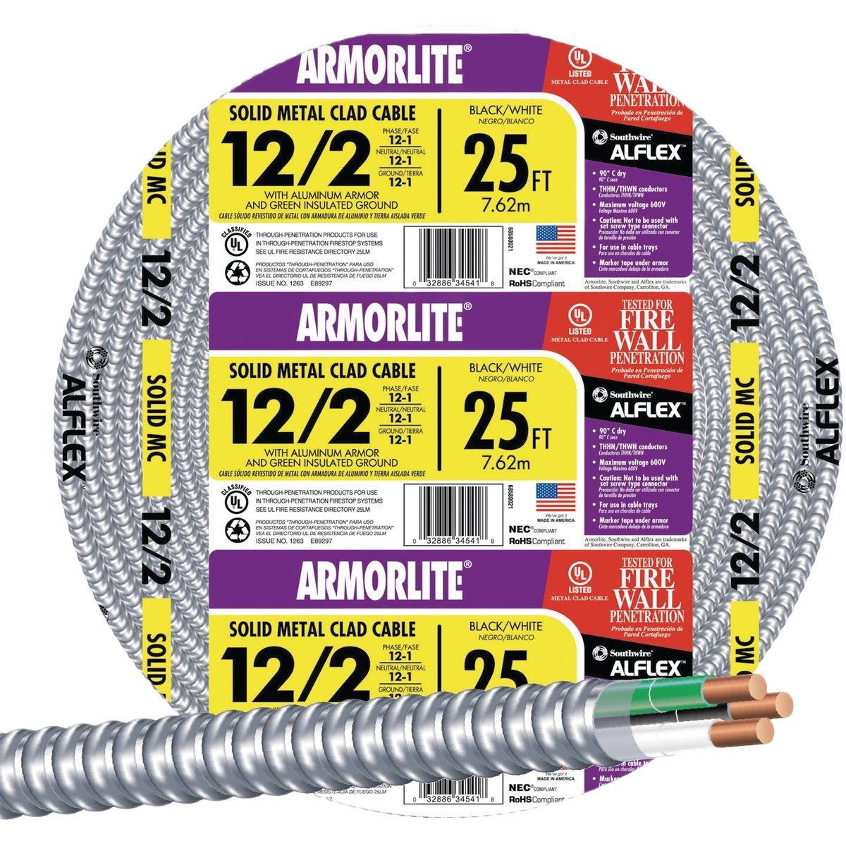 Coiled 25-foot aluminum armored cable with metal cladding and black and white insulated conductors for home improvement use