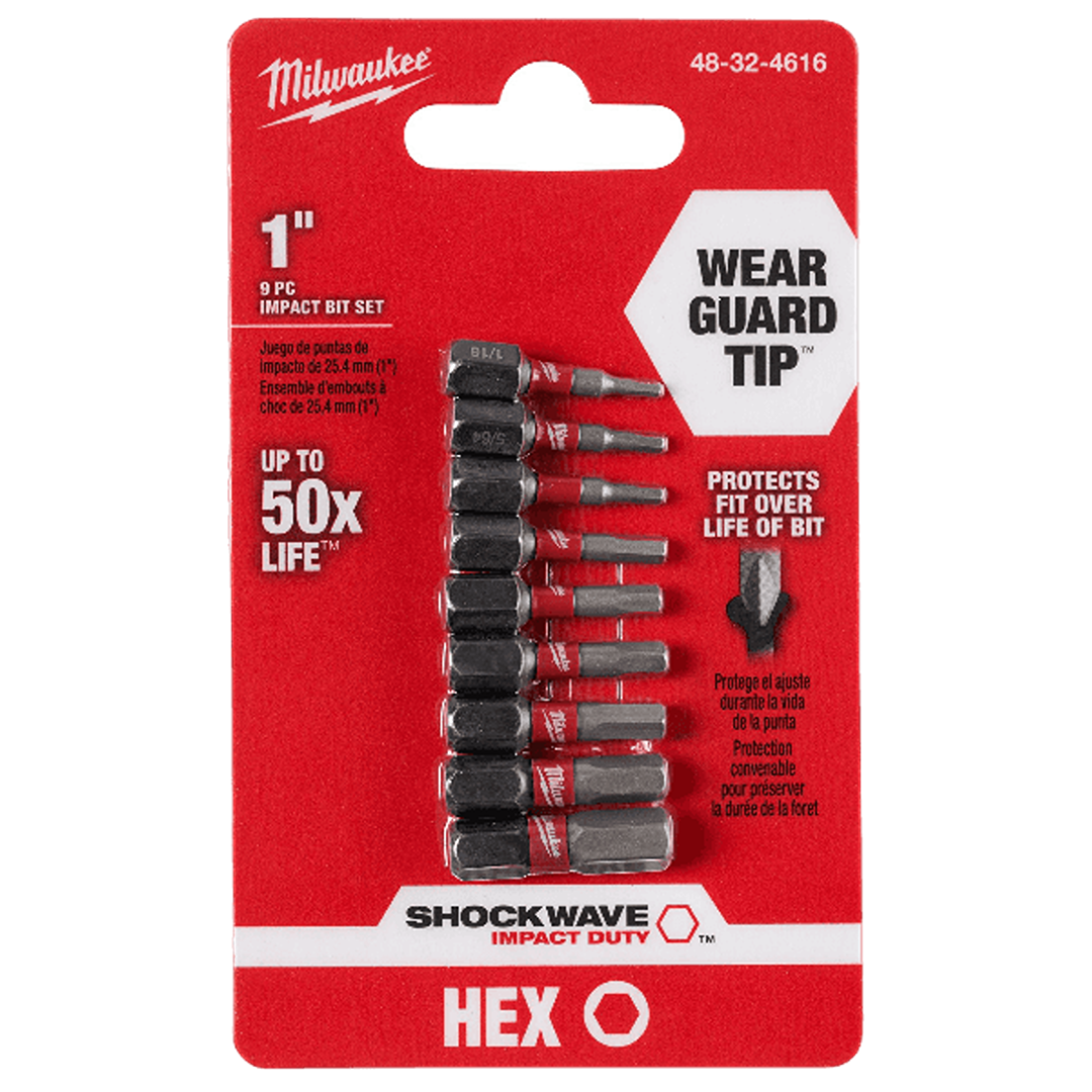 Milwaukee 9-piece black hex impact bit set with Wear Guard Tip for durable fastening in tool accessories collections