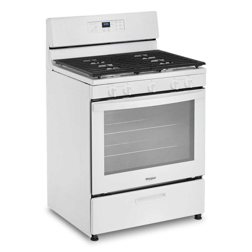 White freestanding gas range with four knobs, cast-iron grates, and digital display in kitchen appliance collection