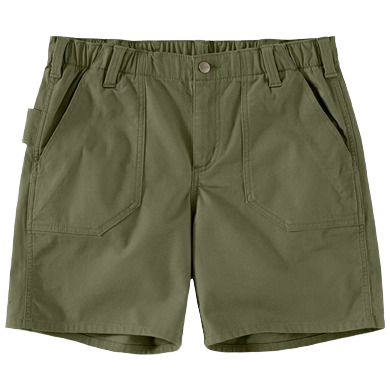 Olive green relaxed fit canvas work shorts for women with front pockets and belt loops designed for durability