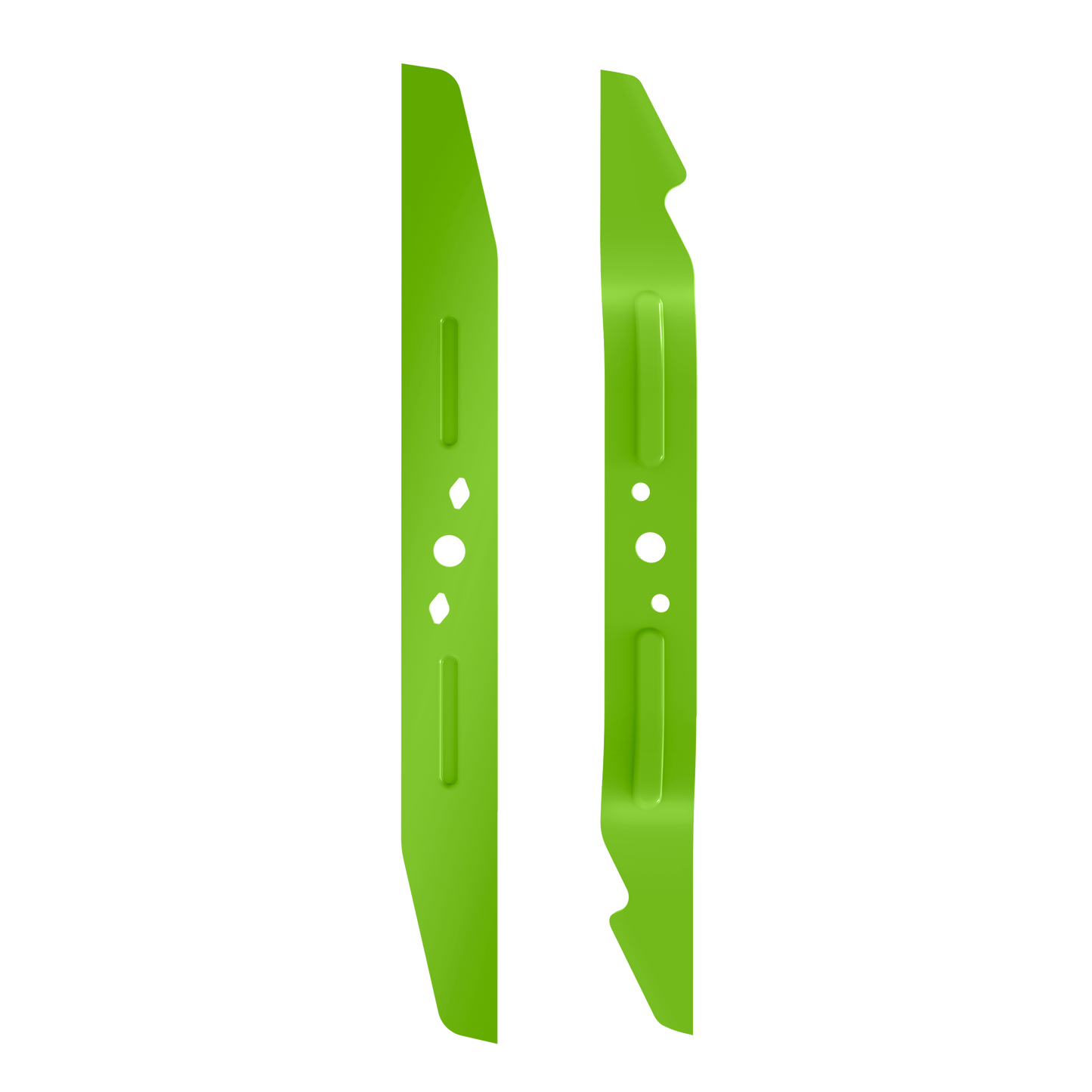 Green metal lawn mower blades with dual mounting holes for parts and lubricants in tools and home improvement collections