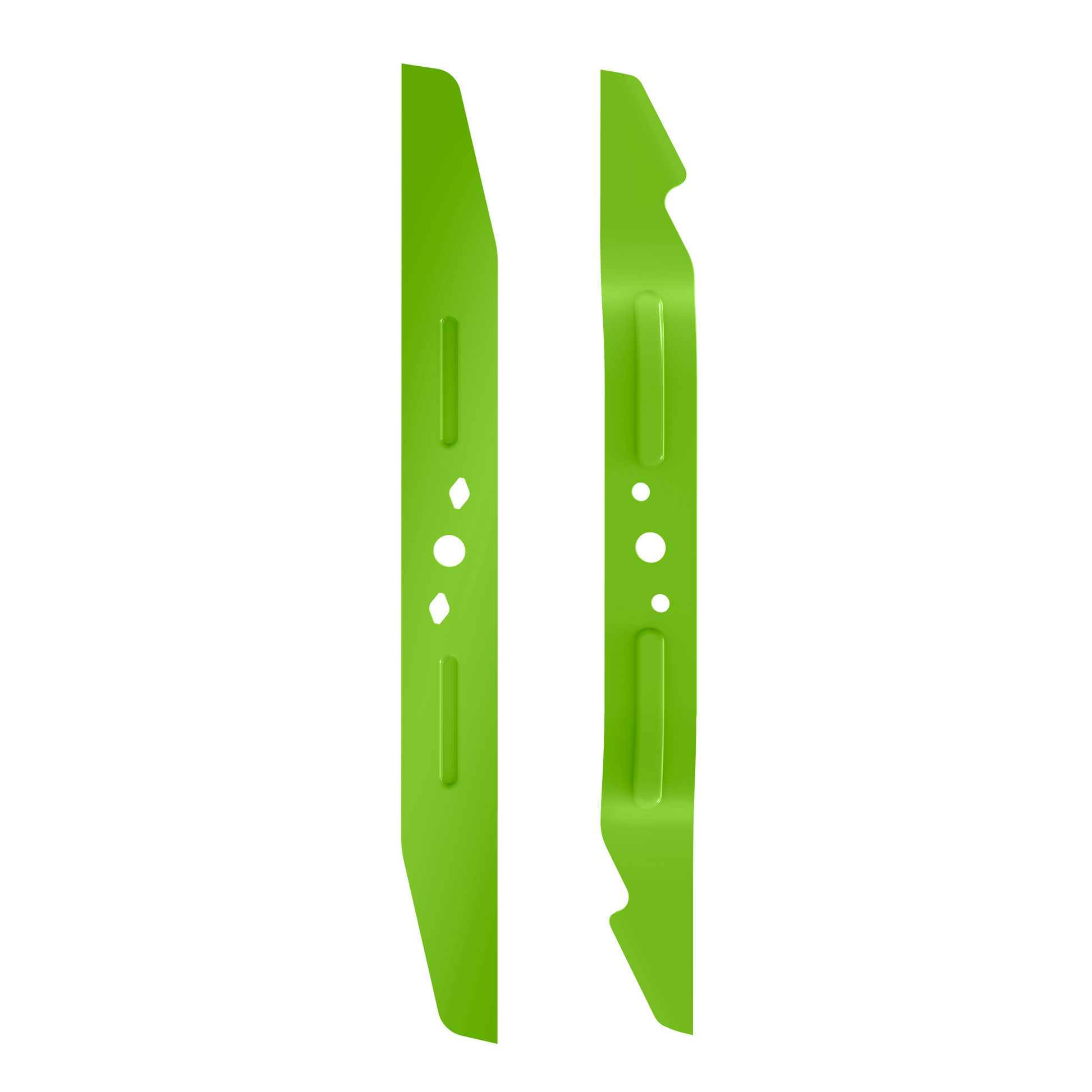 Green metal lawn mower blades with dual mounting holes for parts and lubricants in tools and home improvement collections