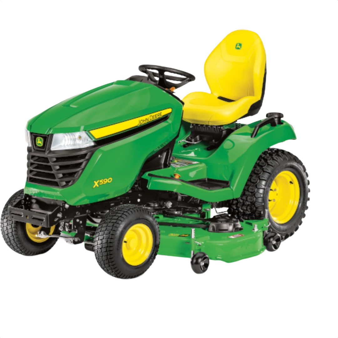Green and yellow riding lawn mower with 54-inch deck for outdoor power equipment and lawn care tasks