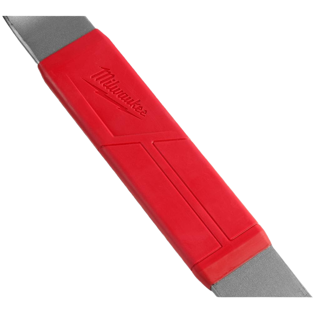 Red-handled pry bar with reinforced steel tips for home improvement and heavy-duty tools applications