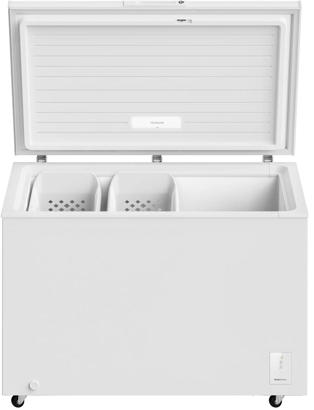 White chest freezer with open lid revealing spacious interior with removable storage baskets, designed for Freezers & Ice Makers and Kitchen & Kitchenware collections.
