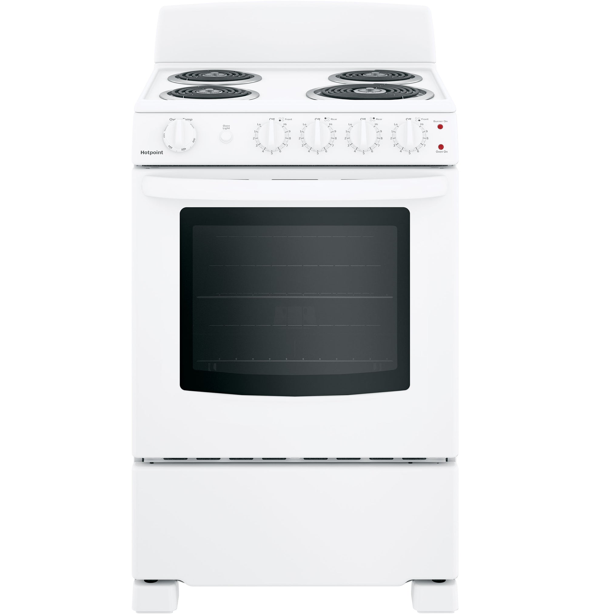 White 24-inch electric free-standing range with four coil burners and front control knobs in kitchen appliances collection