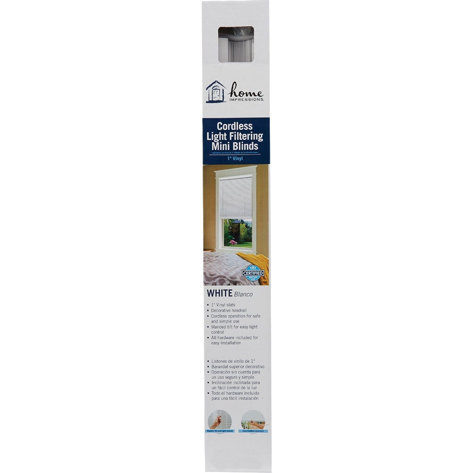Packaging of white vinyl cordless mini blinds with light filtering features for home improvement use