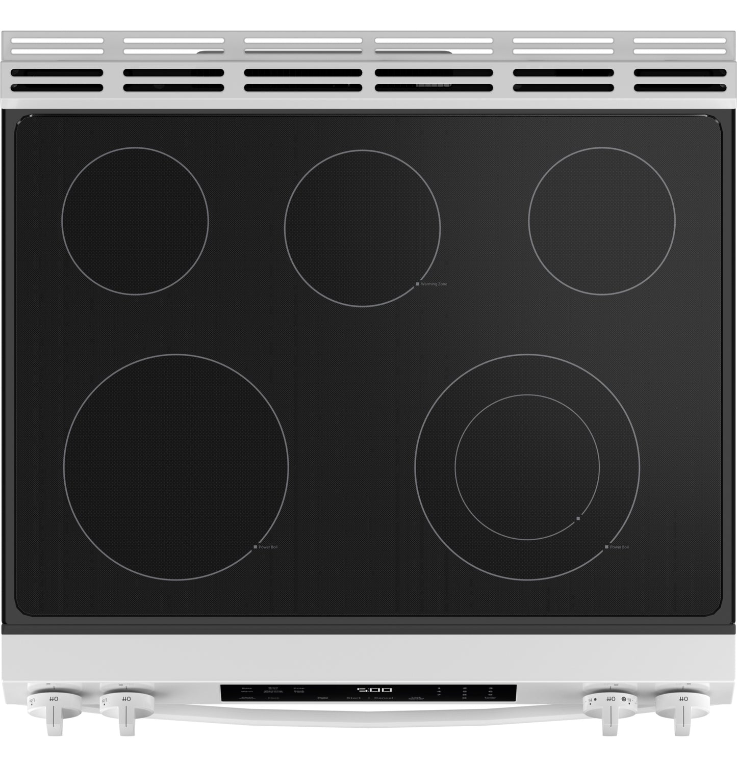 Top view of white slide-in electric range cooktop with five radiant heating elements from Electric Ranges collection