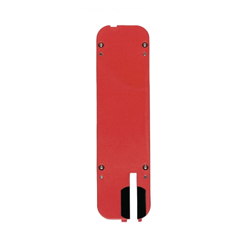 Red zero clearance insert with cutout and screws for enhanced precision in saw accessories and tool attachments