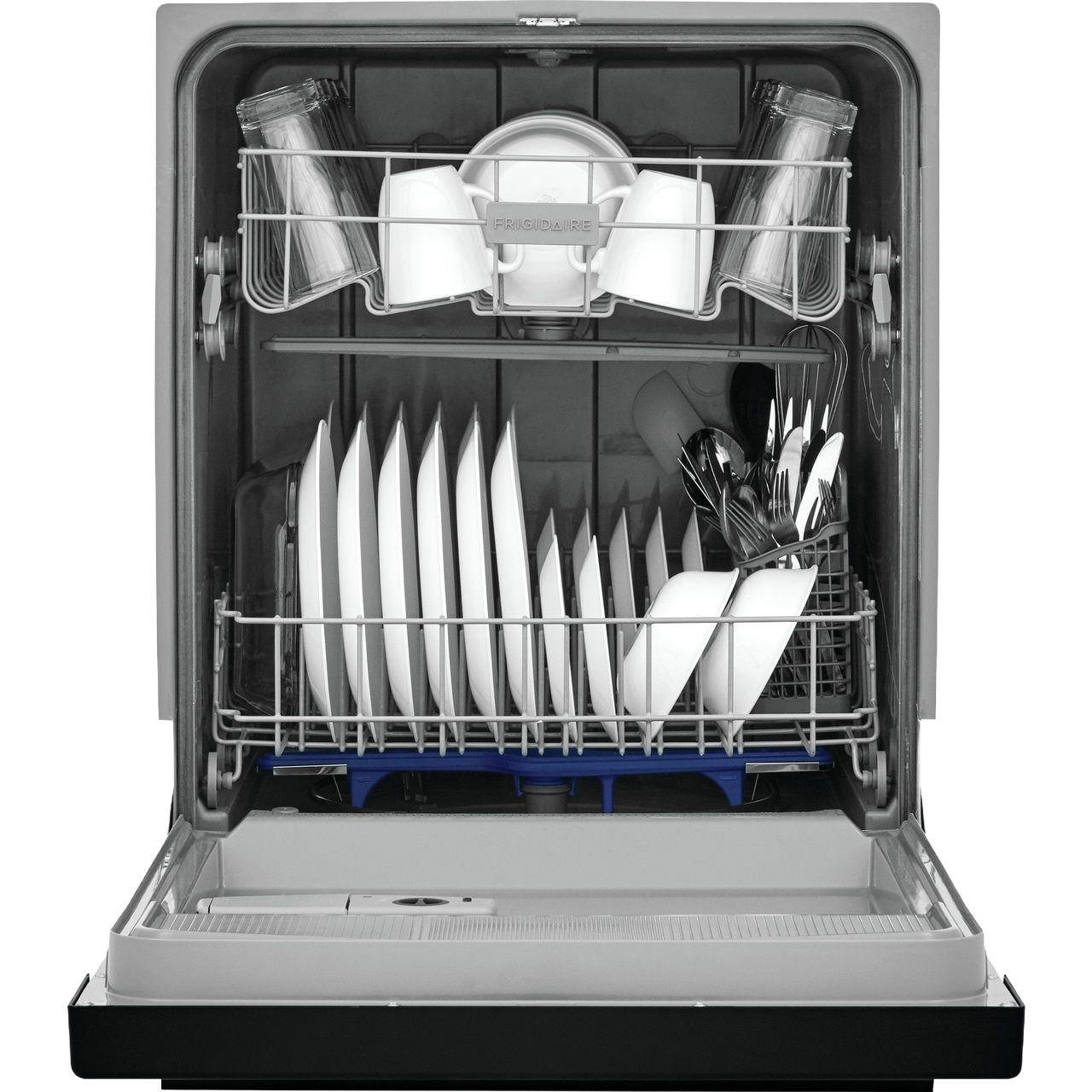 Open 24-inch built-in dishwasher with loaded racks holding dishes, glasses, and utensils, part of kitchen appliances collection