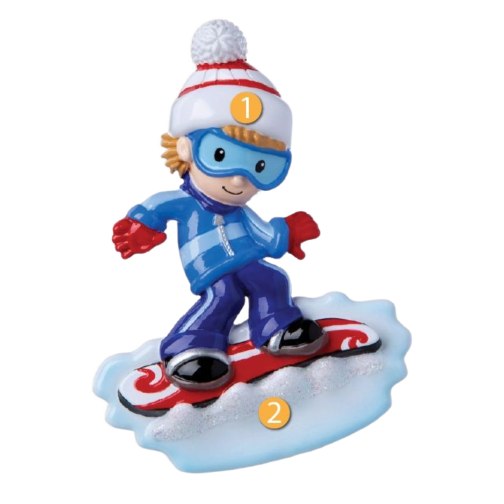 Boy snowboarder ornament in blue jacket and red gloves on red and white board for Christmas tree decor under $50