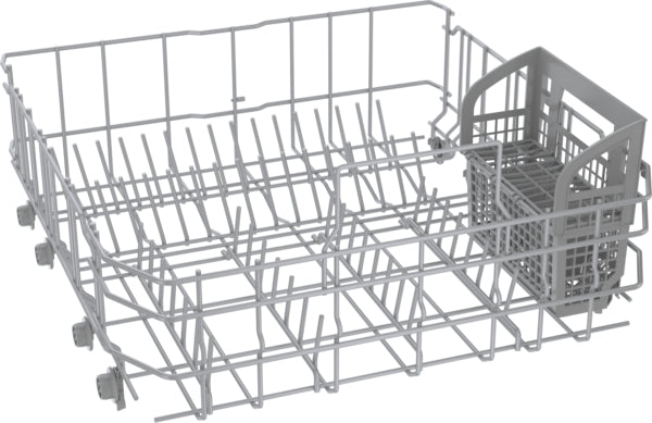 Lower dishwasher rack with adjustable prongs and a utensil holder designed for Bosch kitchenware appliances collection