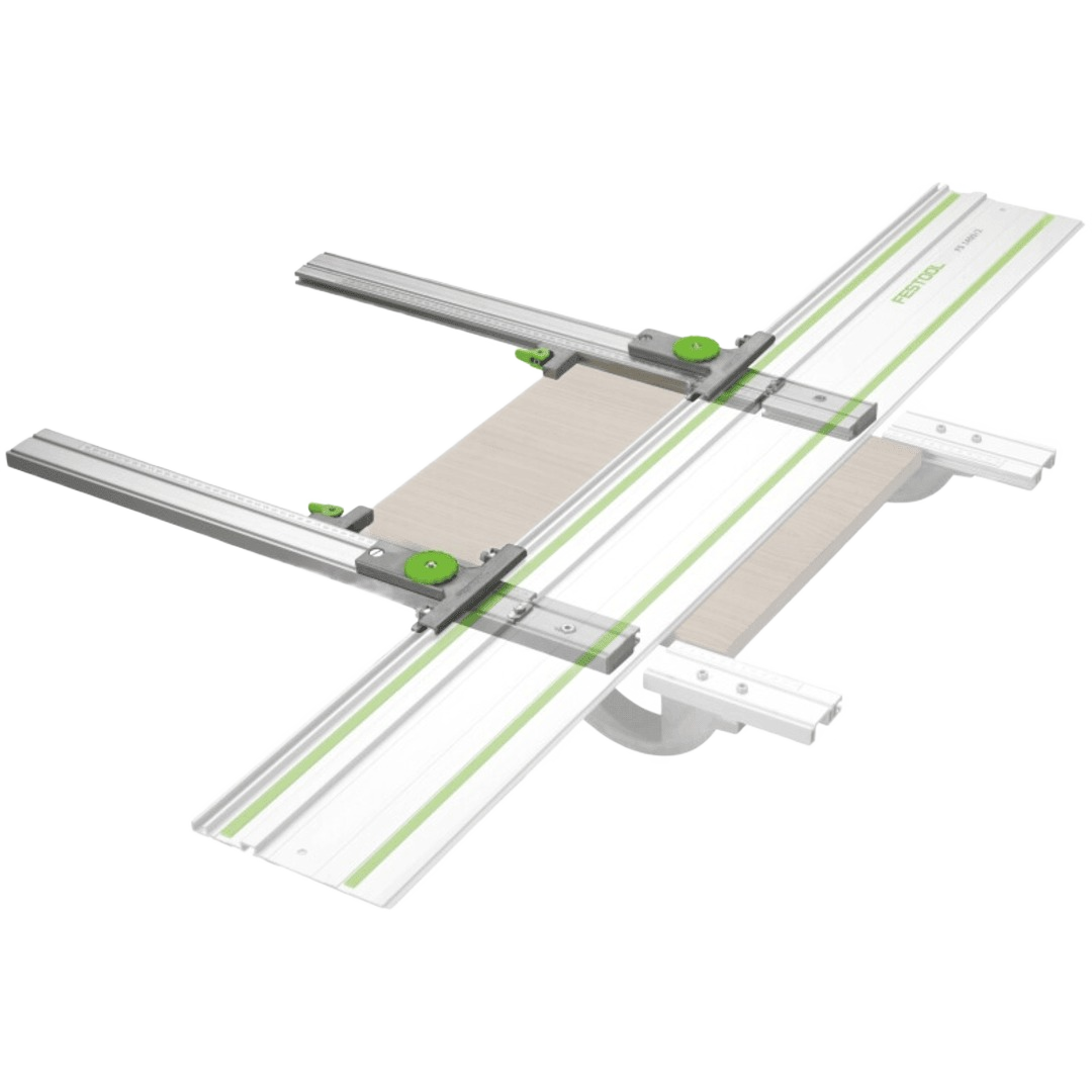 Metal parallel side fence accessory clamped on Festool guide rail for woodworking tool accessories and home improvement.