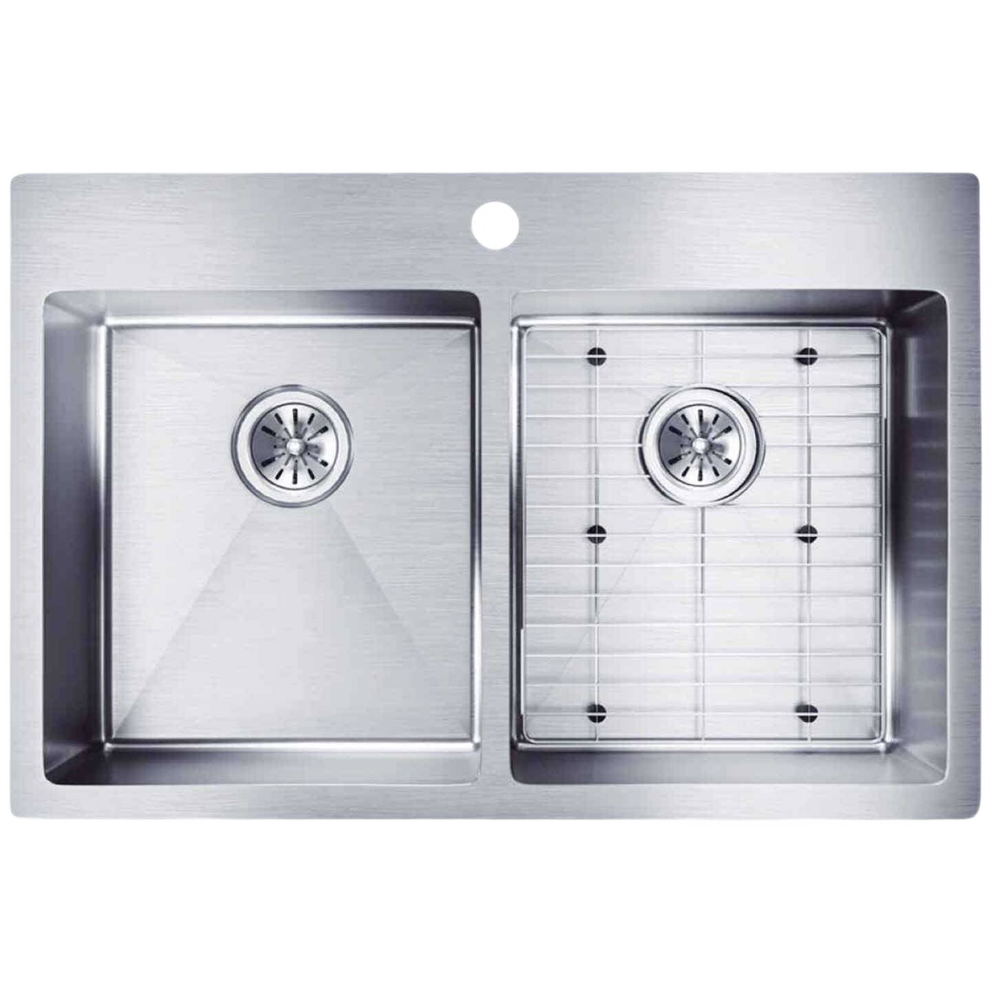 Dual bowl deep stainless steel kitchen sink with grid and drain fittings for home improvement installation