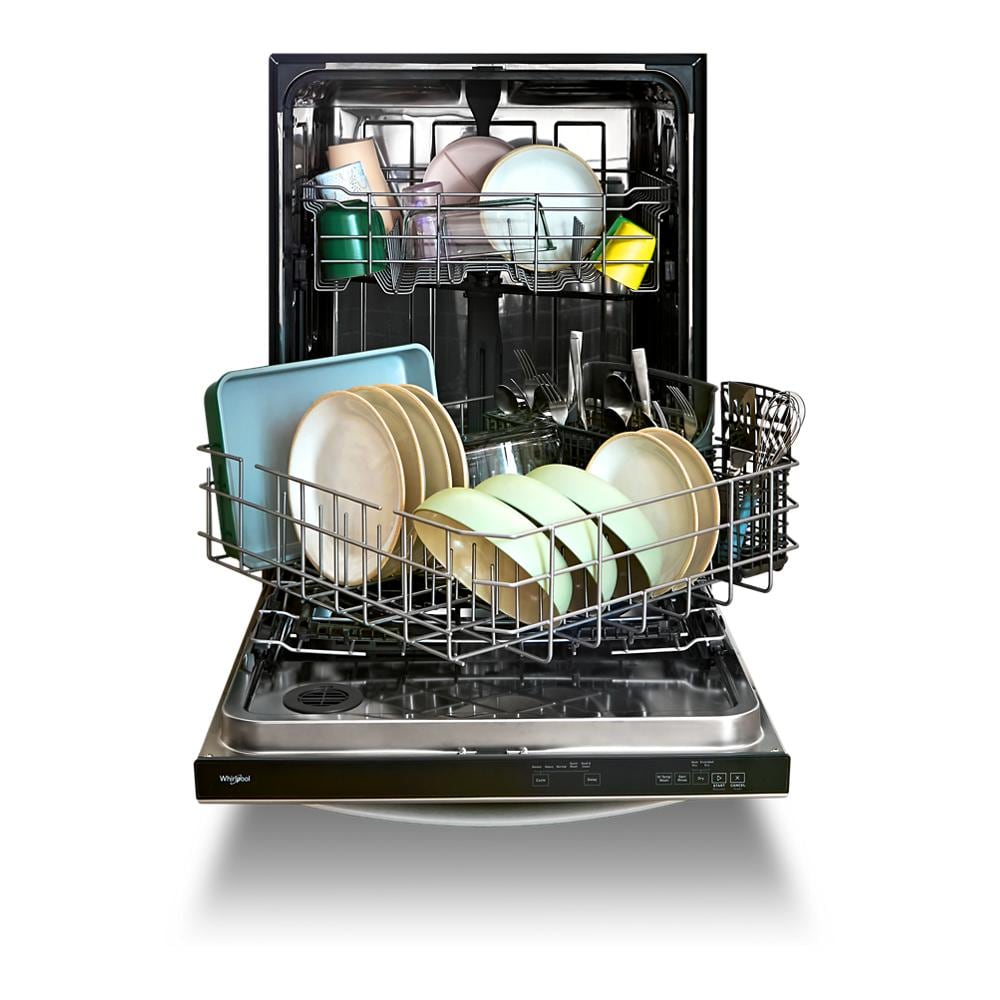 Open 24-inch stainless steel dishwasher loaded with dishes and kitchenware in home improvement and appliances context