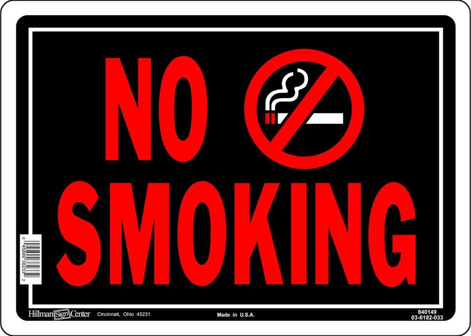 Black and red aluminum no smoking sign with bold lettering for home improvement and hardware collections