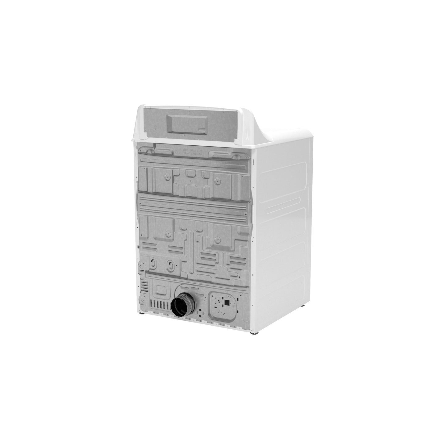 Rear view of white electric dryer showing vent outlet and metal back panel from dryers and appliances collection