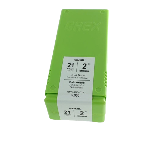 Green plastic box of 21-gauge galvanized brad nails for precise fastening in home improvement and tool use