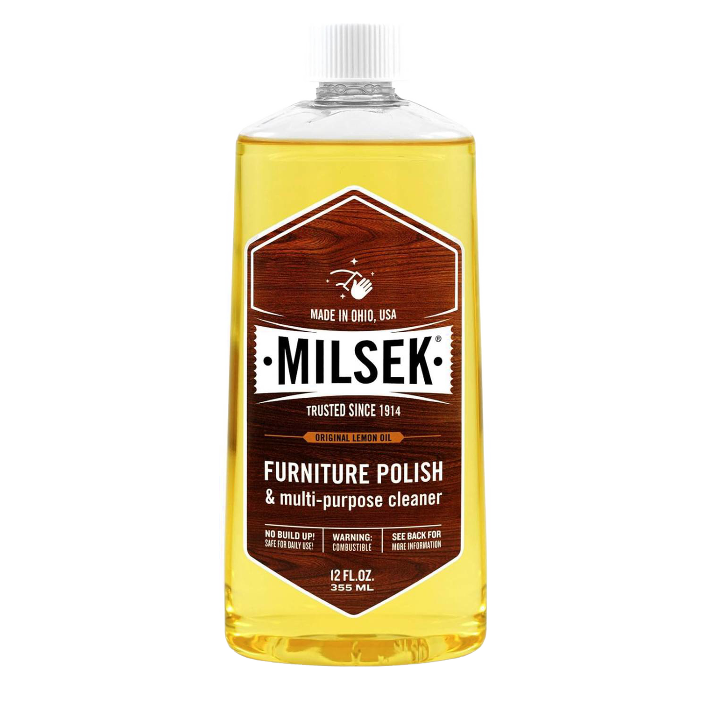 12 oz bottle of Milsek furniture polish and cleaner with original lemon oil in cleaning supplies collection