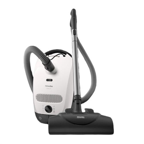 Compact white and black vacuum cleaner with hose and power nozzle for pet hair removal in home use