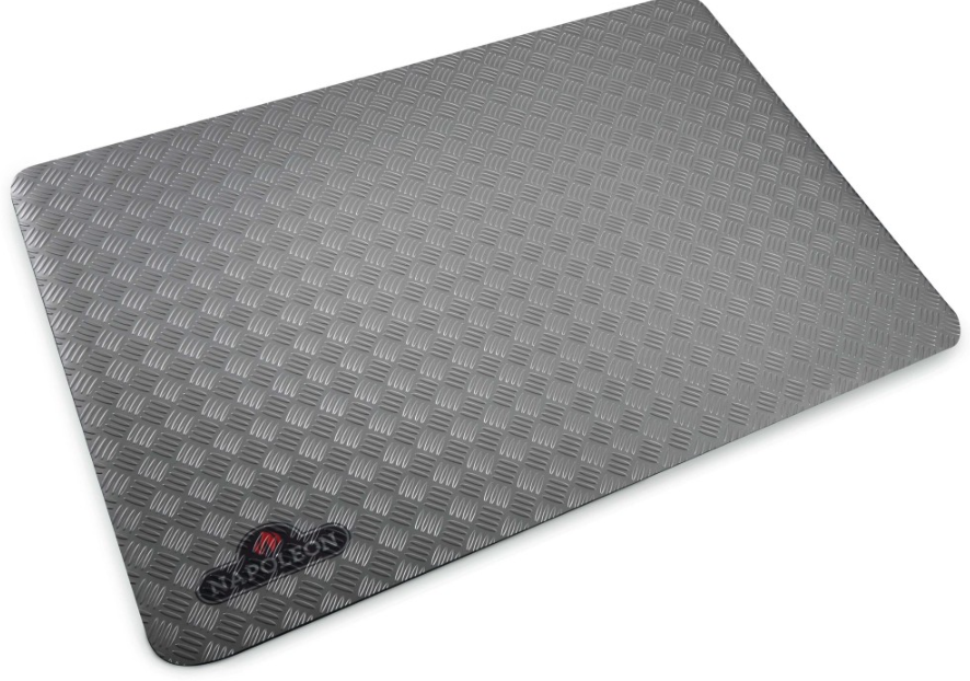 Gray textured grill mat with subtle checker plate pattern and small logo in corner, designed for outdoor cooking and grilling accessories.
