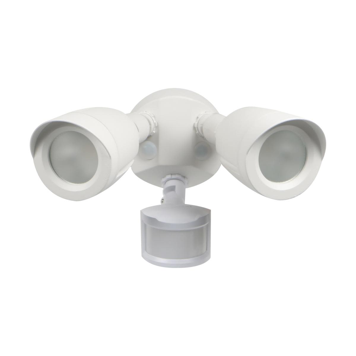 White dual-head outdoor security light with motion sensor for home safety and smart lighting applications