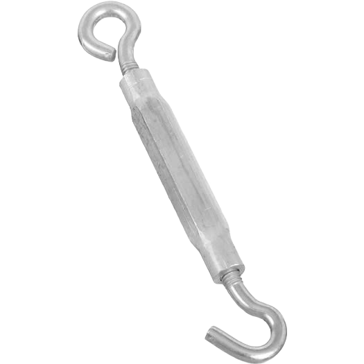 Zinc hook and eye turnbuckle designed for adjusting tension in home improvement and tool applications