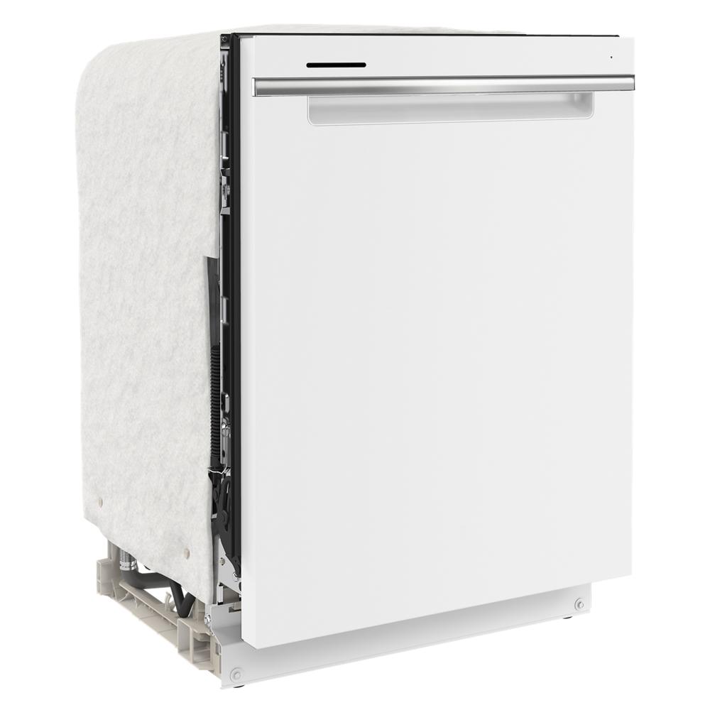Partially assembled 24-inch white dishwasher with front panel and insulated exterior in Dishwashers and Appliances collections