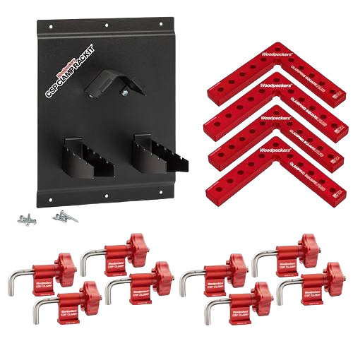 Wall-mounted metal rack with red aluminum clamping squares and adjustable clamp accessories for woodworking tools.