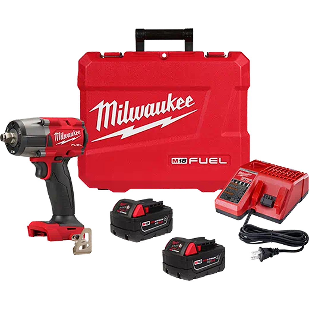 Red and black mid-torque cordless impact wrench set with batteries, charger, and branded red carrying case for tools and home improvement