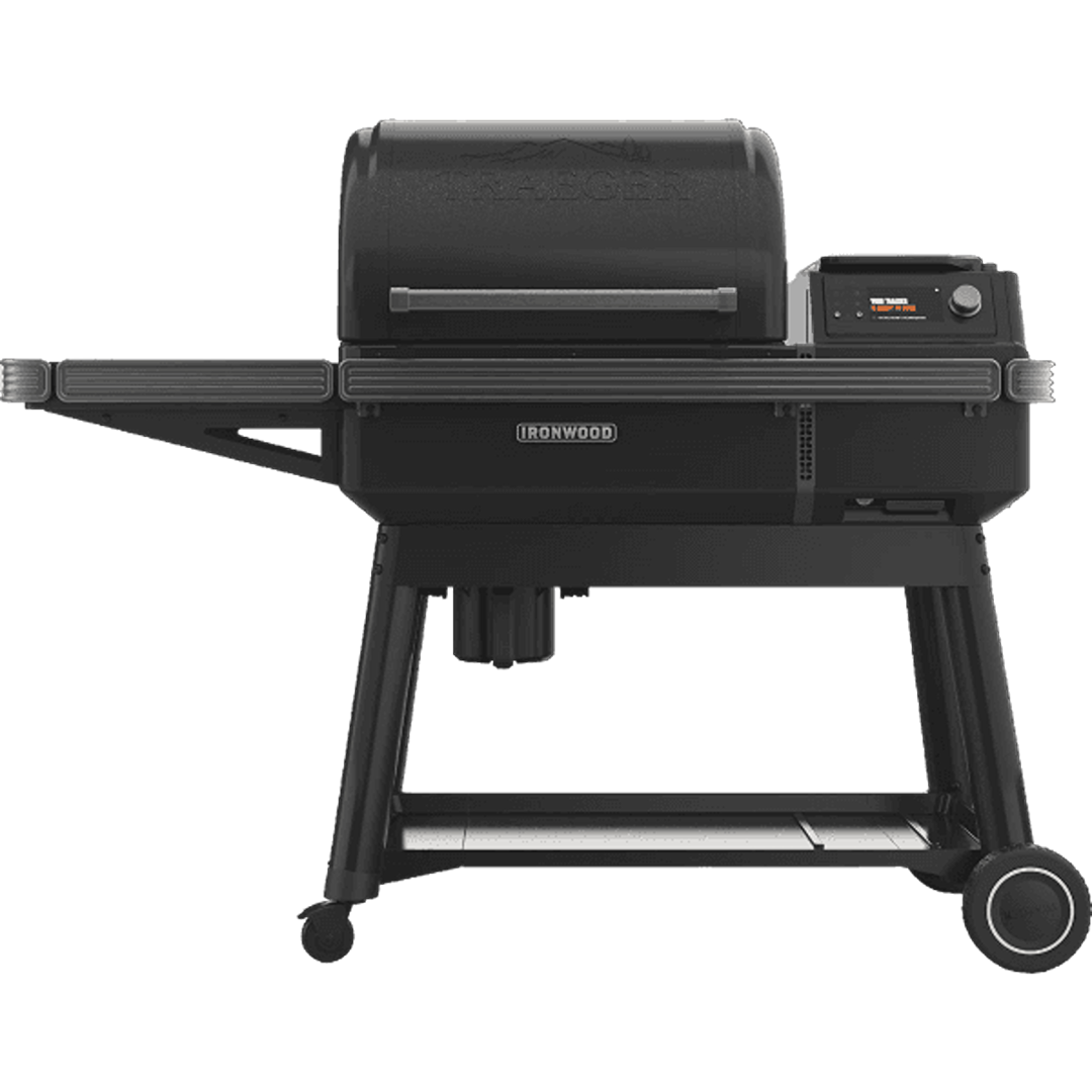 Black Ironwood wood pellet grill with WiFIRE® control panel and side shelves for outdoor grilling and lawn use