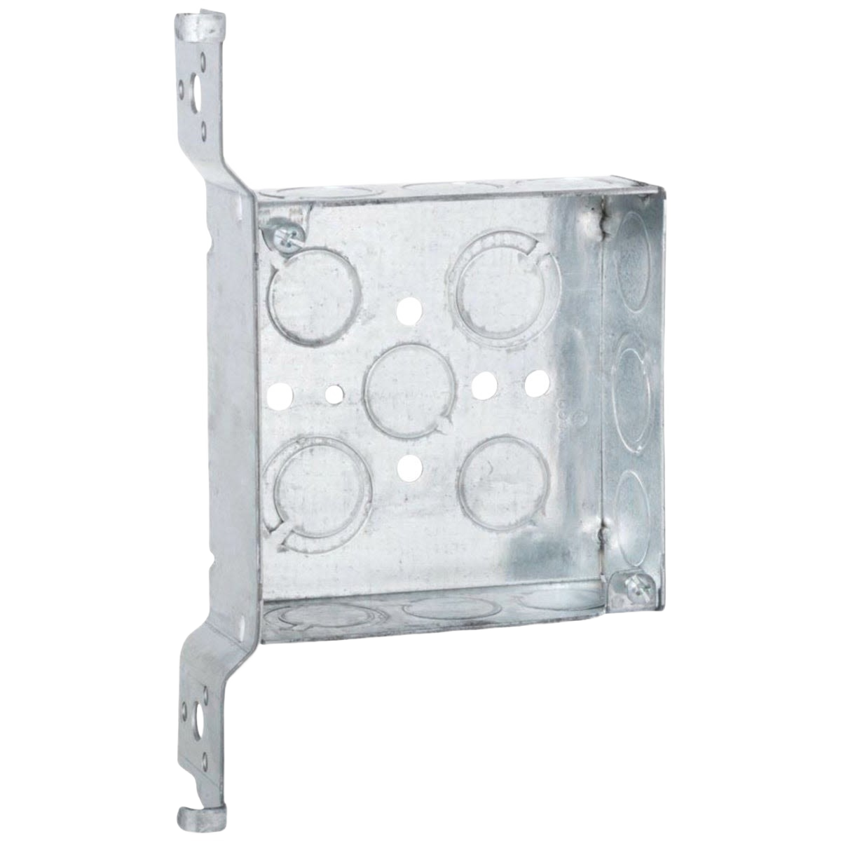 Galvanized steel electrical box with bracket mount and multiple knockout holes for home improvement projects