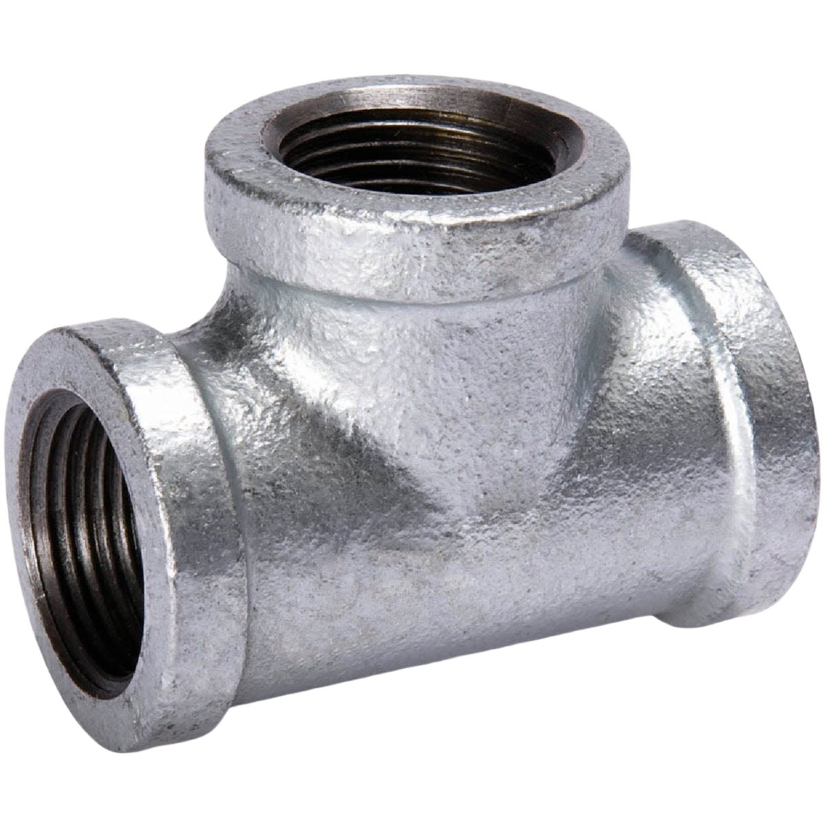 Galvanized malleable iron tee fitting with threaded connections for plumbing in galvanized pipe and fittings collection