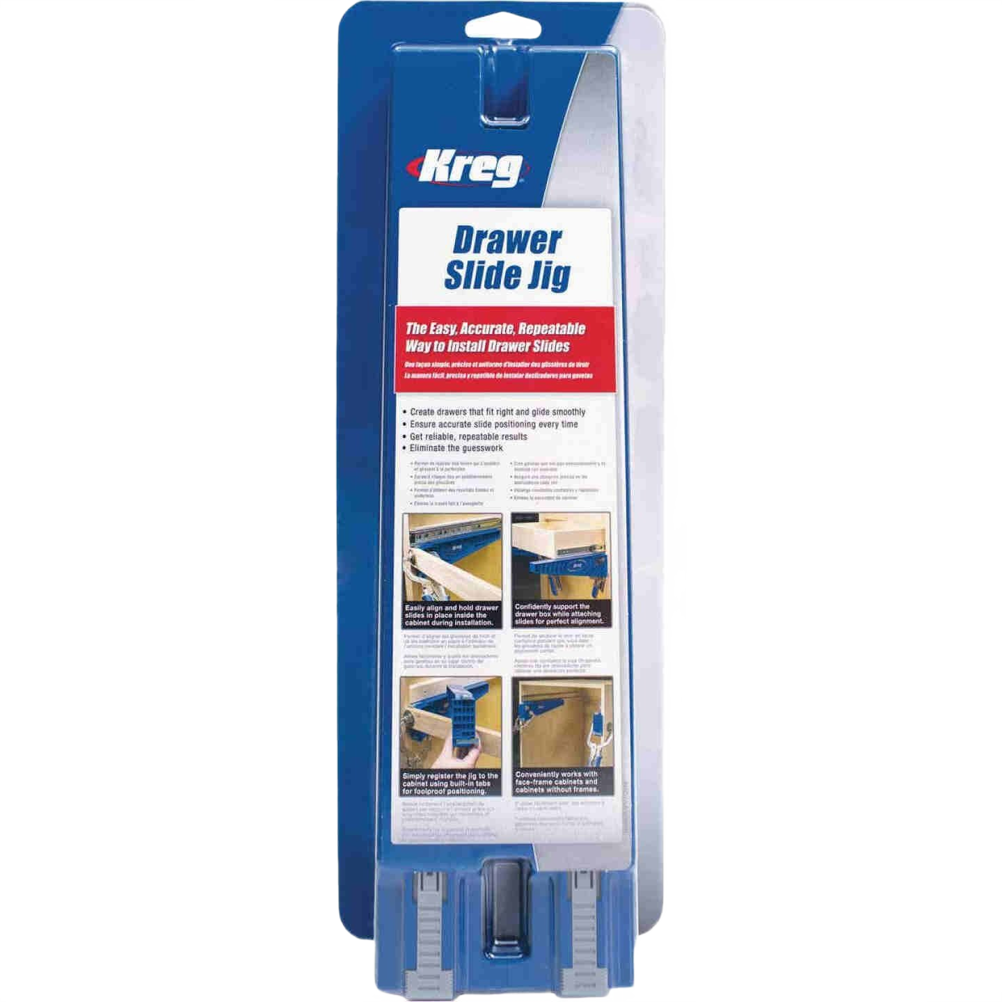 Blue drawer slide jig tool in packaging for woodworking tool accessories and home improvement use