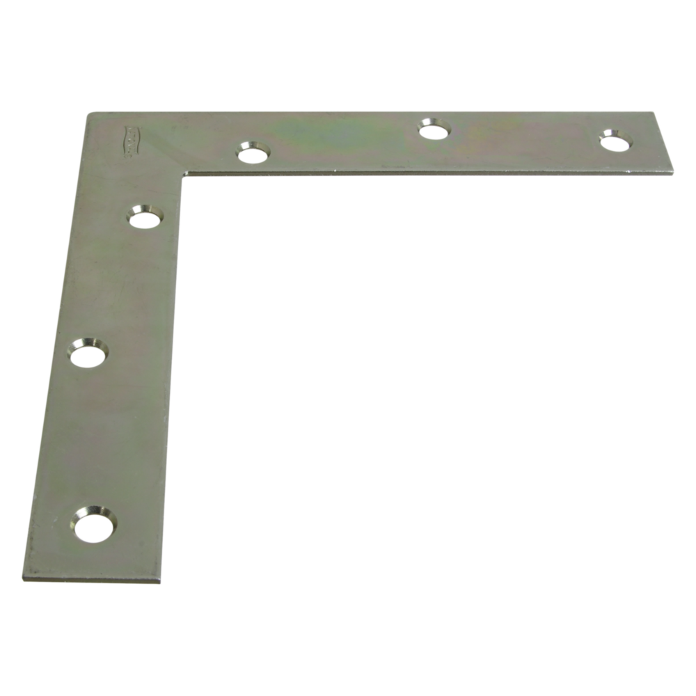 Zinc-finished flat corner brace with multiple mounting holes for structural support in building hardware and lumber materials collections