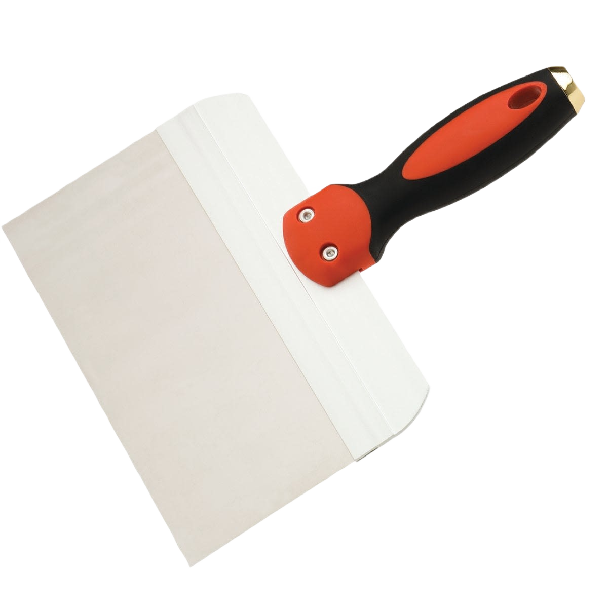Stainless steel taping knife with black and red ergonomic handle for drywall and home improvement tasks